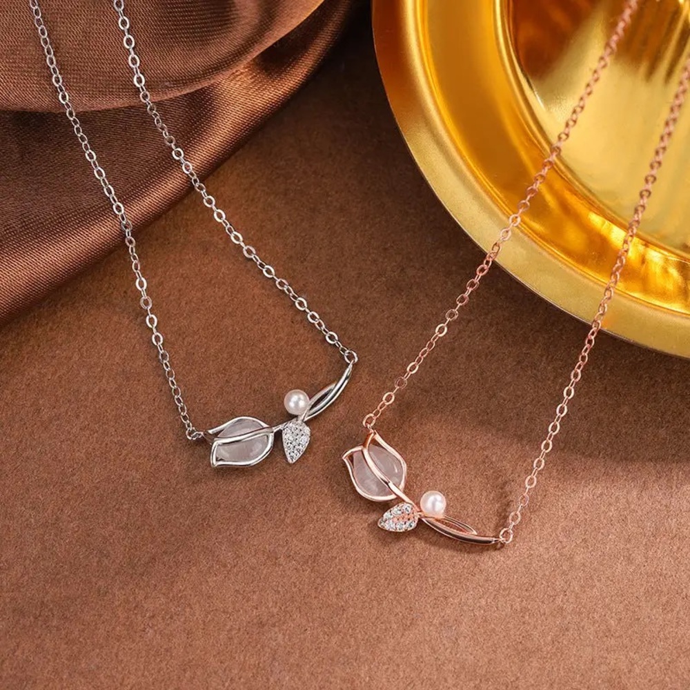 Opal Tulip Flower Pearl Necklace in 925 Sterling Silver